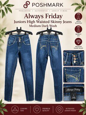 Always Friday Juniors High Waisted Skinny Jeans Medium Dark Wash 3 Button Fly Si